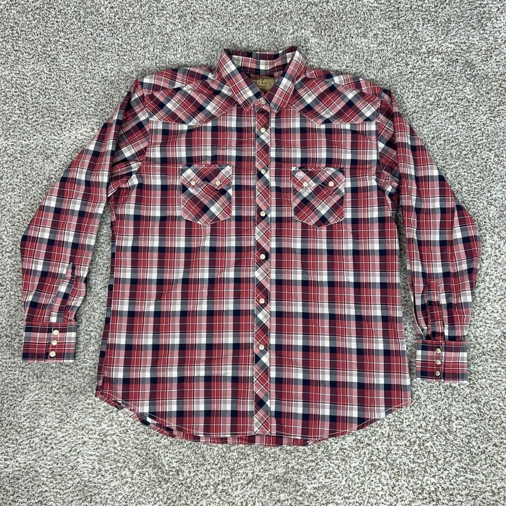 Wrangler Shirt Mens 2XL Red Plaid Western Retro Pearl Snap Cowboy Sawtooth Top‎